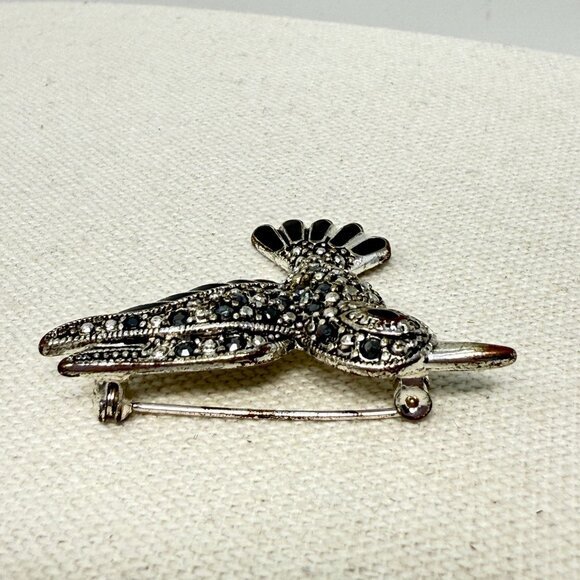 Hummingbird Figural Brooch Pin Marcasite Black Enamel Silver Tone Metal - Picture 3 of 7